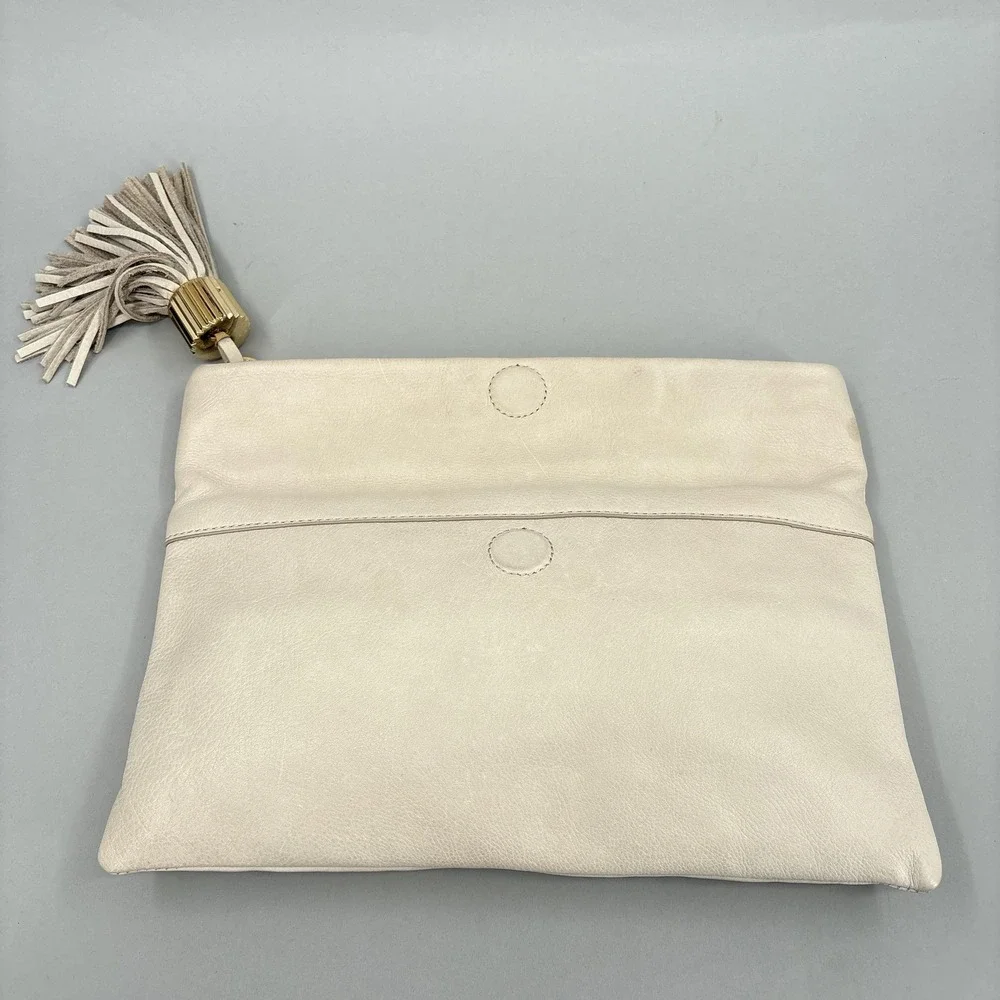 India Hicks Bag Womens Medium Beige Leather Tassel Foldover Clutch Crab Print